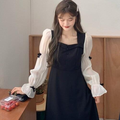 Woman Dress Autumn 2021 New Style Korean Fashion Elegant Retro Square Neck Bow Long Sleeve Stitching Design Dresses
