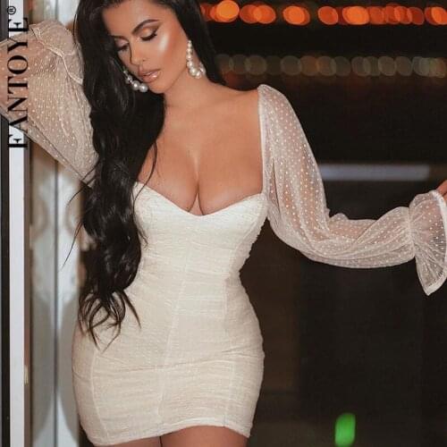 FANTOYE Chiffon Dot Ruched Women Dress Sexy Square Neck Long Sleeve Zipper Elegant Bodycon Mini Dresses High Streetwear Vestidos