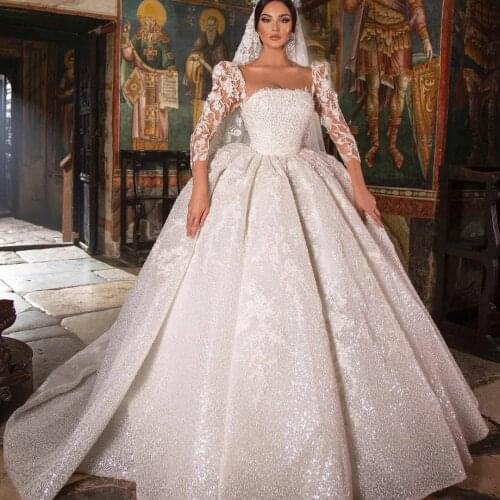 Retro Ball Gown Wedding Dresses Bling Bling Sequins Lace Long Sleeve Bridal Gowns vestido de novia