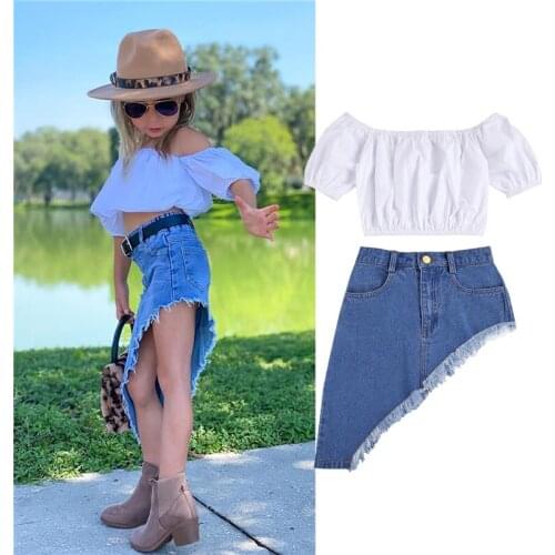 1-6Years Fashion Summer Toddler Kids Baby Girls Clothes Off Shoulder Crop Tops+Tassel Irregular Denim Mini Skirts Outfits
