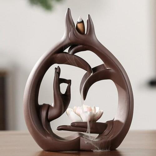 Buddha Hand Backflow Incense Burner Creative Home Decorations Smoke Waterfall Lotus Flower Stick Incense Holder Ceramic Orname