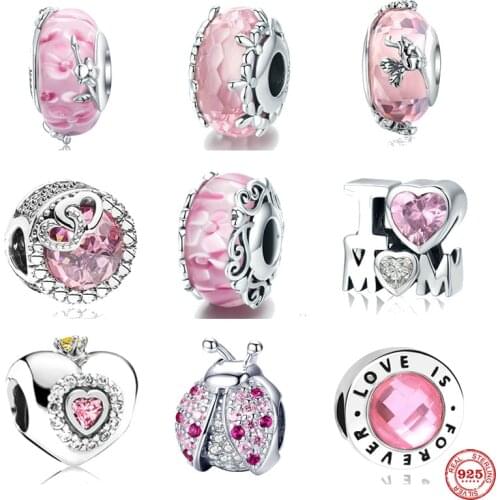 925 Sterling Silver pink murano i love mom love cross heart DIY fine beads Fit Original Pandora Charm Bracelet Women Jewelry