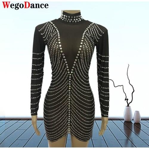 Black Rhinestone Sexy Slit Bodycon Long Sleeve Dress Women O Neck Night Club Evening Party Tight Dresses