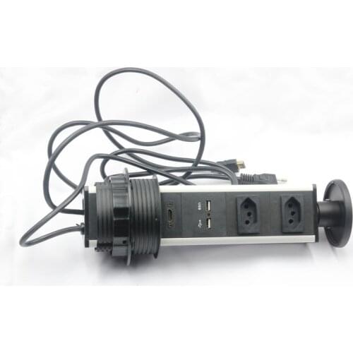 Pop Up Desktop Power Socket Retractable Hidden Electrical Kitchen Outlet 2 AC Brazilian Plug Powers, 2 USB Charger Ports, 1HDMI