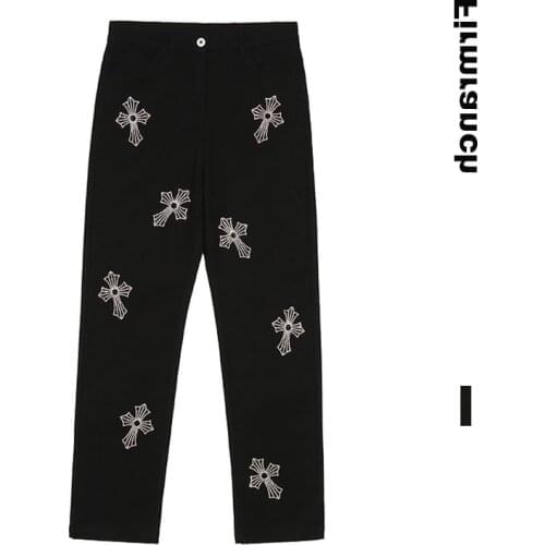 New Men/Women Rhinestone Cross Chrome For Men 2021 High Street Black Jeans Homme Heart Denim Pants Moto Trouse
