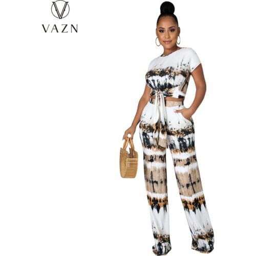 VAZN 2021 Autumn High-end Chiffon Mature Overalls Sexy Regular Short Sleeve Long Wide Leg Pants Slim Women 2 Piece Set