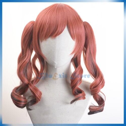 USS Bremerton Wig Azur Lane Cosplay Wig Light Pink Red Curly Twin Ponytails Clips On Halloween Heat Resistant Synthetic Hair