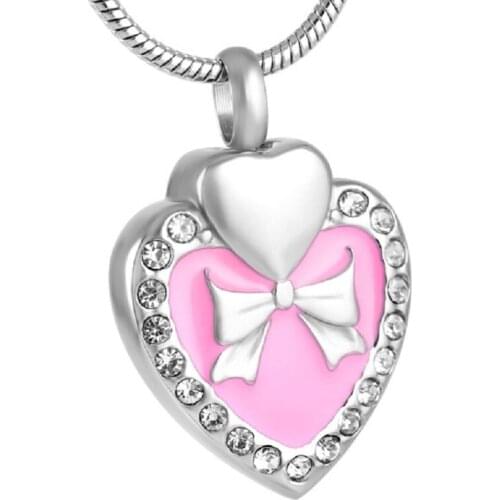 IJD9123 Stainless Steel Bowknot Urn Necklace Cremation Jewelry Inlaid Crystal Heart Urn Box Pendant Jewelry
