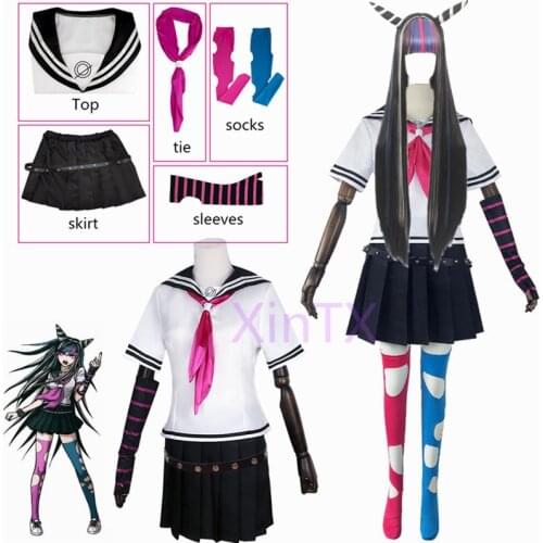 Dangan Ronpa 2 Goodbye Despair Ibuki Mioda Cosplay Costume Shirt Dress Long Wig School Girl JK Uniform Skirt Halloween Dress Set