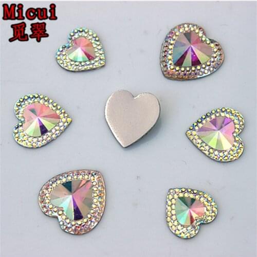 Micui 50pcs 14/16/18mm AB Clear Heart Resin Rhinestone Crystal Flat Back Stone Crystals For Wedding Clothes Decoration ZZ472HB