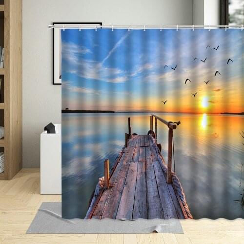 Summer Day Seaside Sunset Shower Curtain Bridge Sandy Beach Chair Sea Waves Landscape Bathroom With Hook Waterproof Washable