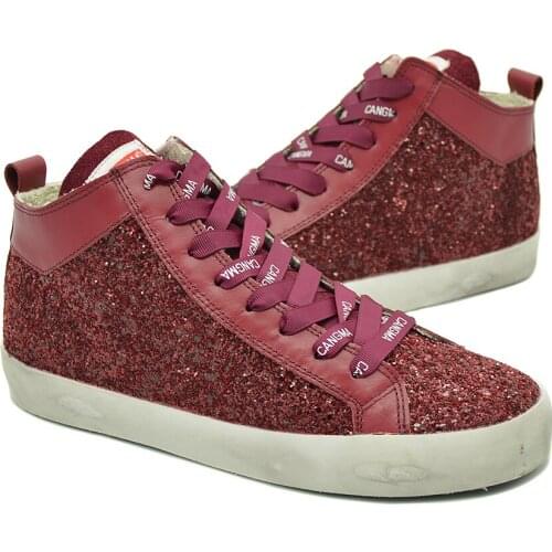 CANGMA Luxury Brand Mans Sequined Wine Red Shoes Mid Casual Shoes Men High Top Sneakers Designer Glitter Male 2021