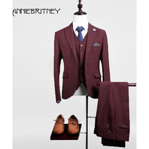2018 New Brand Burgundy Tweed Men Suit Formal Slim Fit Winter Gentle Prom Marriage Tuxedo Retro Style 3 Piece Terno Masculino