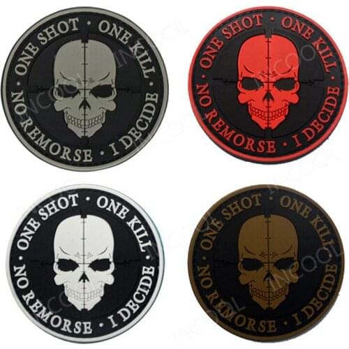 One Shot One Kill 3D PVC Patch Sniper Tactical Military Decorative Patches Combat Appliques Rubber Skull Badges Hook Back