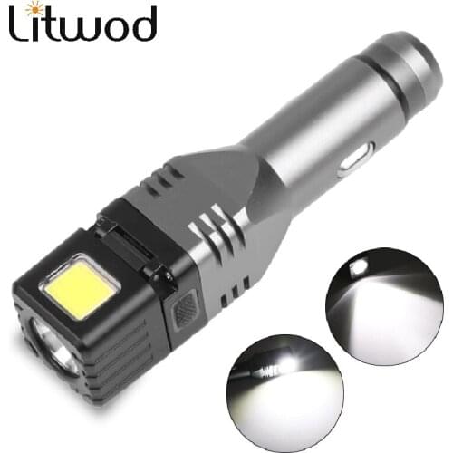 New Arrive Car Charger Led Flashlight XP-G Q5 & COB Emergency Lighting Bulbs Torch Built in Rechargeable Battery Litwod Aluminum