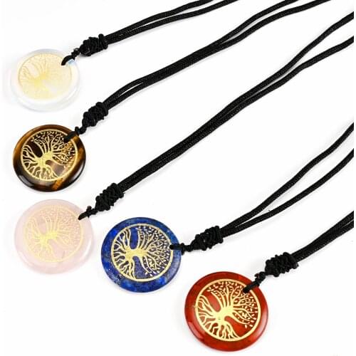 Natural Crystal Semi-Precious Stones Round Pendant Symbol Tree Of Life Charm Jewelry Necklace For Women