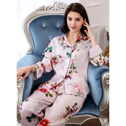 Pajamas for Women Summer 100% Silk Pajamas Long-sleeved Trousers Mulberry Silk Sleepwear Two-piece Home Service Pajamas