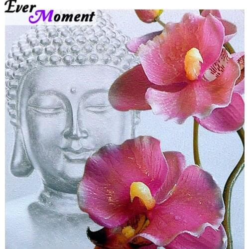 Ever Moment 3D Diamond Painting Full Square Buddha with Pink Orchid 5D Diamond Embroidery Full Chinese Mosaic Craft Hobby ASF899