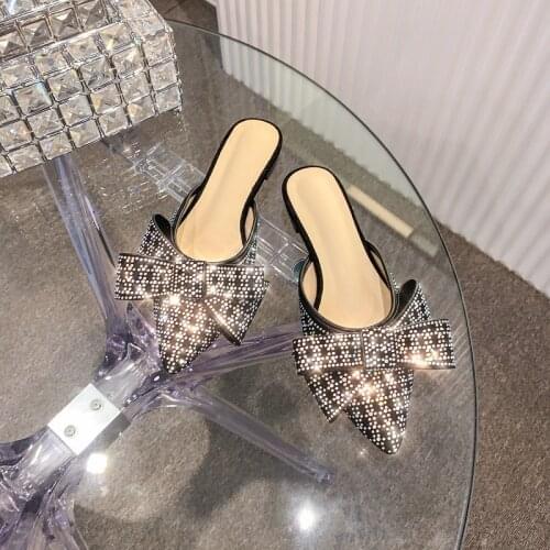 Baotou half slippers women Wearing outside in summer 2019 new fashion Flat pointed rhinestone mules shoes Bow slippers