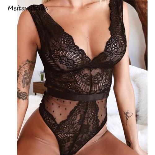 Sexy Floral Embroidery Bodysuit Women Patchwork Lace Sleeveless Hollow Out Bodycon Jumpsuit 2021 Deep V Neck Mesh Bodysuits