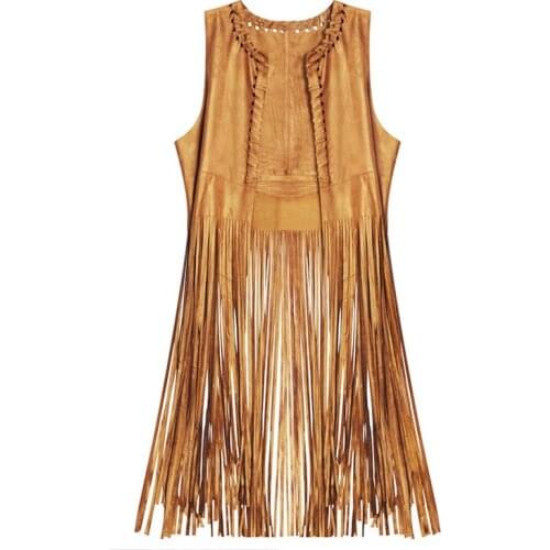 Western Cowboy Style Womens Suede Extra-Long Fringed Vest All-Match Folk-Custom Desert Beach Vacation Vest Shawl Size XS-XXXL