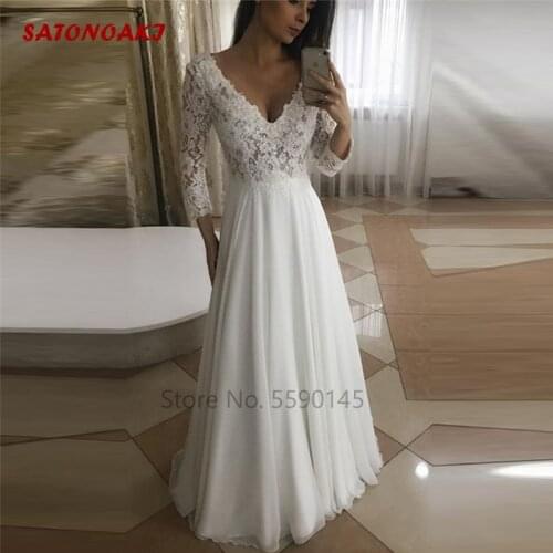 2020 Long Sleeve Beach Wedding Dress Lace Chiffon A-Line V-Neck Floor Length Bridal Gown Vestido De Novia Online Shop Undefined