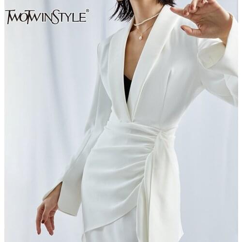 TWOTWINSTYLE Patchwork Ruffle Blazer Dress For Female Lapel Collar Long Sleeve High Waist Slimming Ruched Womens Elegant Dress