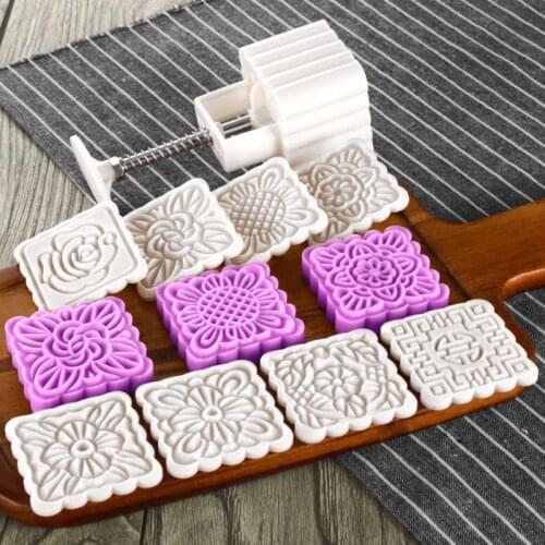 100g Mooncake Barrel Mold with 8pcs Square Flower Stamps Hand Press Moon Cake Pastry Mould DIY Bakeware Mid-autumn Festival