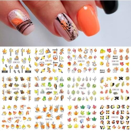 12pcs Autumn Nail Art Stickers Set Maple Leaf Line Water Transfer Decals Yellow Green Red Watermark Manicure Decor SABN1921-1932