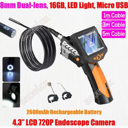 720P HD Handheld 8mm Dual Lens 1M 3M 5M Endoscope Camera 4.3" LCD Monitor LED Light Snake Tube Pipe Inspection Borescope