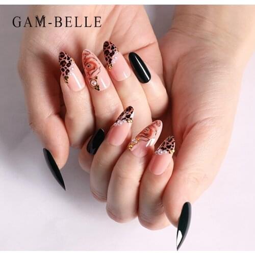 GAM-BELLE Fake Nails With 3D Pearl Designs Gothic Leopard Pattern French Stiletto Full Fake Nails Glue DIY Manicure Nail Tools