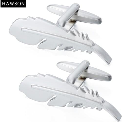 HAWSON Fashionable Style Cufflinks Elegant Feather Matte Imitation Rhodium Cuff Links for Mens French Shirts Accessory