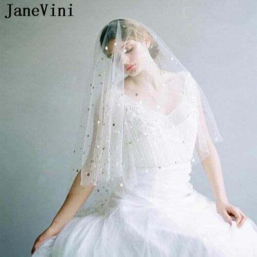JaneVini Elegant White Two Layer Wedding Veil Elbow Length Tulle Bridal Veil with Comb Shiny Gold Star Short Wedding Accessories