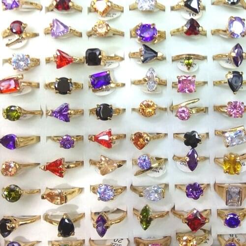 50pcs Gold Tone Real Zircon Rings Heart, triangle, square, flower, waterdrop Shapes Valentines Day Gift