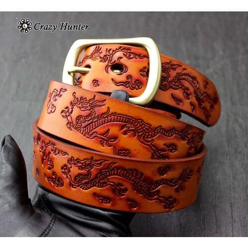 Mens Dragon Tatto Genuine Leather Belt w/ Brass Pin buckle Vintage western Waistband