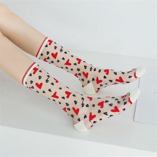 1 Pair NEW Fashion Women Cotton Blended Heart Pattern Ultra Thin Socks Female Lady Transparent Crystal Love Short Glass Silk