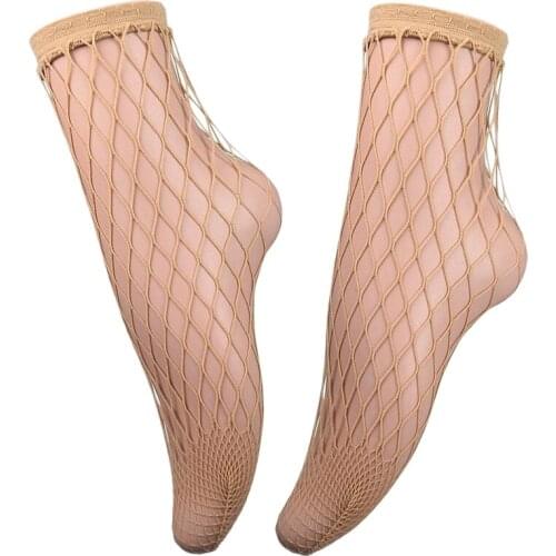 Khaki Fishnet Socks For Women Summer Sexy Hollow Out Elasticity Mesh Socks Transparent Breathable Thin Short Sock Female