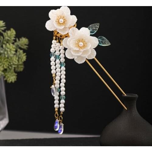 FORSEVEN New Retro Chinese Style Hairpins Clips Flower Leaf Tassel Pendant Pearls Hair Fork Sticks for Women Girls Hanfu Dress