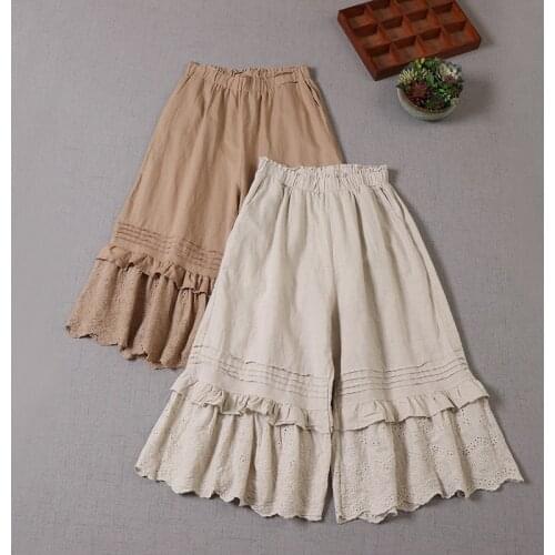 Japan Mori Girl Solid Color Cotton linen Lace Wide Leg Pants Loose Women Casual Cropped Trousers