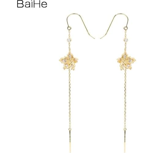 BAIHE Solid 18K Yellow Gold Natural Diamonds 0.14ct H/SI Round Maple Leaf Diamond Ear Hook Ear Wire Stud Earrings for Women