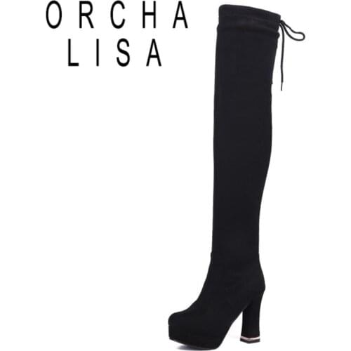 ORCHA LISA 2021 Sexy Over The Knee Boots Platforms Lace Up Slim Stretch Fabric 11CM Block Heel Size 33-43 Black Red Brown A4475