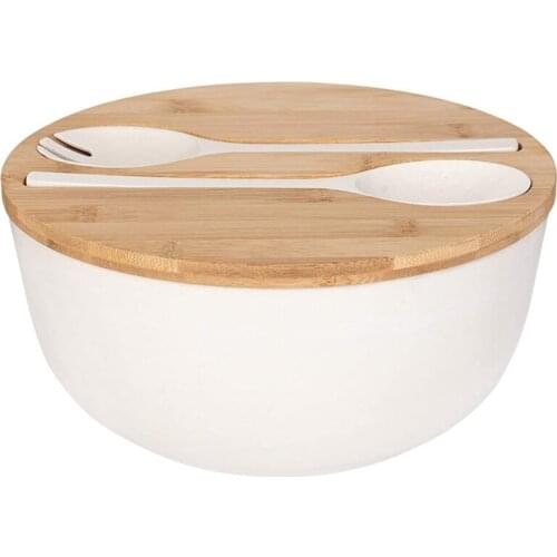 Bamboo Fiber Salad Bowl with Server Set Mixing Bowl Pure Bamboo Salad Wooden Bowl with Bamboo Cover Spoon