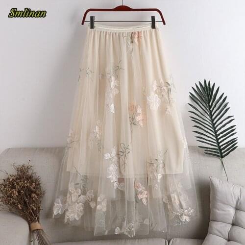 Smlinan Summer Vintage Elegant Mesh Skirt Women Clothing Elastic High Waist A-line Long Skirt Embroidery Floral Tulle Skirts