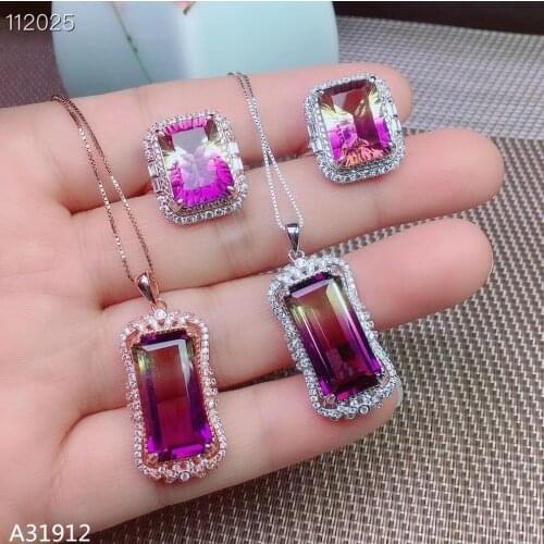 KJJEAXCMY Boutique jewelry Amethyst Necklace Pendant Ring Set in Sterling Silver Geometric Square Rose Gold White Gold