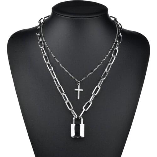 Hip Hop Jewelry Gothic Double layer Padlock Cross Round Heart Lock Key Necklace Punk Link chain Lock Pendant Necklace Women Gift