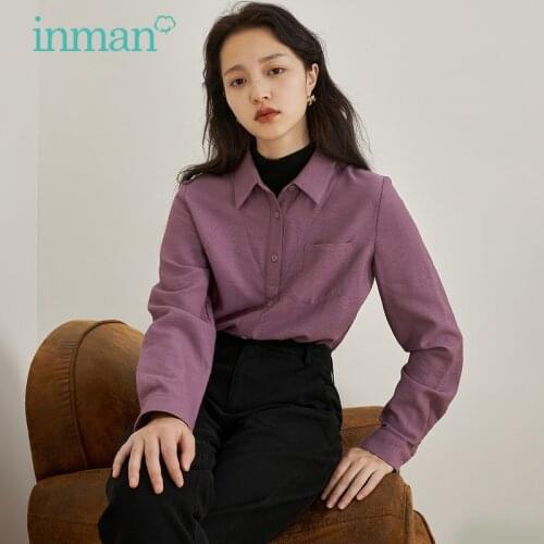 INMAN Womens Blouse Autumn Winter Fake Two-pieces Top Pointed Collar Design Simple Casual Elegant Dark Purple Shirt