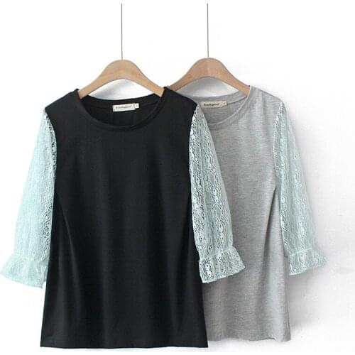 Womens Clothes T-Shirt Plus Size Summer Show Thin Loose O Collar Lace Sleeves Tops E21-K311