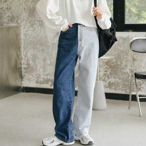 Zoki Patchwork Women Jeans Autumn High Waist Baggy Denim Pants Fashion 2021 Streetwear Pocket Loose Wide Leg Female Jean Trouser