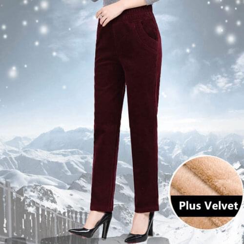 5XL Plus Size Casual Corduroy Pants Women Autumn Winter Plus Velvet Straight Pants Elastic High Waist Long Warm Trousers C6593