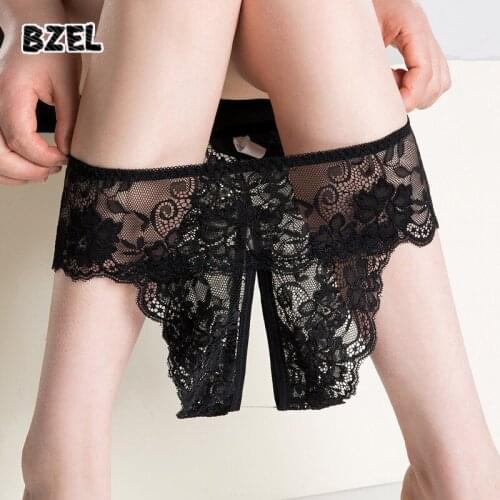 BZEL XL- 4XL Plus Size Underwear Women Sexy Open Crotch Panties Low Waist Lace Transparent Thongs For Sex Lingerie Nightwear